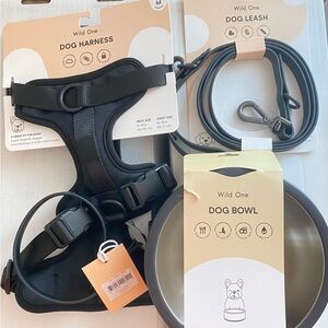 Wild One Dog Kit (Harness, Leash, Collar, Bowl) 4 Items Black New with Tags